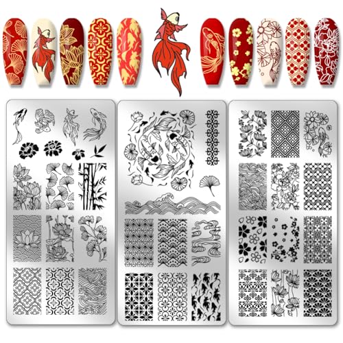 PH PandaHall 3pcs Koi Nagel Stamping Platten, East Lotus Nail Stamper Plum Bossom Nail Art Stencils Druck Nagelschablonen Edelstahl Nagelbildplatte für Nail Art Design Maniküre Salon von PH PandaHall