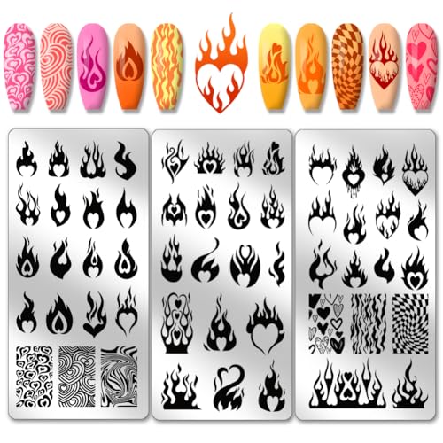 PH PandaHall 3pcs Liebe Flamme Nagel Kunst Stamping Platte, 54 Patterns Nail Art Stencils Feuer Herz Nagel Stempel Platte Nagelbildplatte aus Edelstahl für Valentinstag DIY Maniküre Salon Nageldesign von PH PandaHall