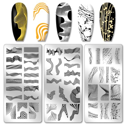 PH PandaHall 3pcs Line Texture Nail Stamping Plates, Streamline Nail Stamper Wavy Lines Nail Art Stencils Print Nail Stencils Stainless Steel Nail Image Plates für Nail Art Design Maniküre Salon von PH PandaHall