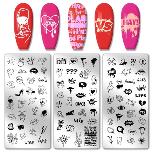 PH PandaHall 3pcs Love Heart Lips Nail Stamper, 96 Patterns Nail Stamping Plate Greetings Comic Phrases Nail Art Stencils Stainless Steel Nail Image Plates für Nail Art Design Druck Maniküre Salon von PH PandaHall