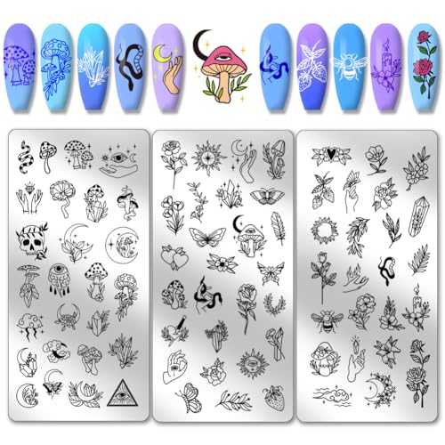 PH PandaHall 3pcs Magic Moon Sun Nagelkunst Stempelplatte, 78 Patterns Nail Art Stencils Schlange Pilz Blume Nagel Stempel Platte Nagelbildplatte aus Edelstahl für DIY Druck Maniküre Salon Nagel von PH PandaHall