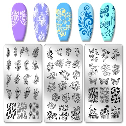 PH PandaHall 3pcs Nagel-Stempel-Platten, 55 Patterns Flower Butterfly Nail Stamper Plant Nail Art Stencils Print Nail Stencils Stainless Steel Nail Image Plates für Nail Art Design von PH PandaHall