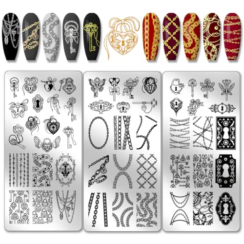 PH PandaHall 3pcs Schlüsselanhänger Nail Art Schablonen, Neutral Style Nail Stamping Plate Gothic Cool Lock Nail Art Stencils Edelstahl Nail Image Plate für Nageldesign Druck Maniküre Salon von PH PandaHall