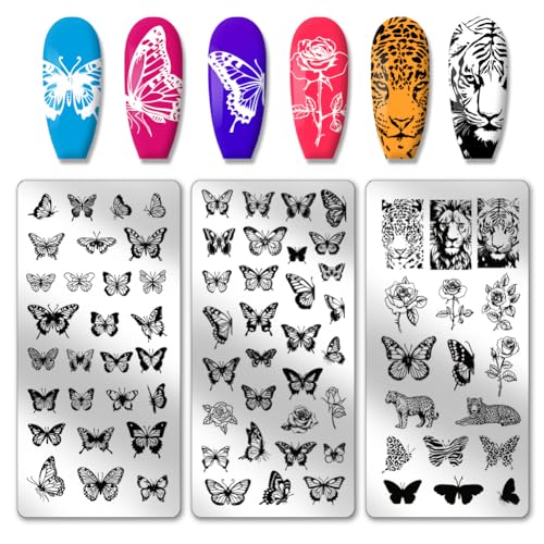 PH PandaHall 3pcs Schmetterlinge Nail Stamper, Lion Tiger Nail Stamping Plate Nail Art Stencils Print Nagelschablonen Edelstahl Nagelbildschablonen für Nail Art Design von PH PandaHall