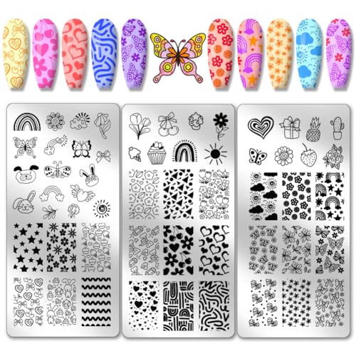 PH PandaHall 3pcs Sweet Nail Art Schablonen, Cartoon Bowknot Rainbow Nail Stamping Plate Schmetterling Blume Nail Art Stencils Edelstahl Nail Image Plate für Nageldesign Druck Maniküre Salon von PH PandaHall