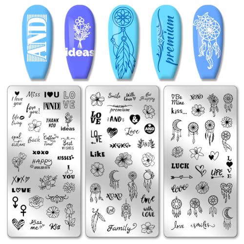 PH PandaHall 3pcs Wörter Blume Nail Stamper, Nail Stamping Plate Dreamcatcher Love Heart Nail Art Stencils Edelstahl Nail Image Plates für Nail Art Design Druck Maniküre Salon von PH PandaHall