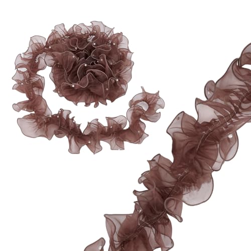 PH PandaHall 4,6 m Organza-Spitzen-Band 12,5 cm breite gekräuselte Spitze Stoff plissiert Rand Trim Ribbon Gekräuseltes Band mit Perlen für Nähen Handwerk Hochzeitskleid DIY Dekor Kaffee Farbe von PH PandaHall