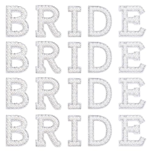 PH PandaHall 4 Sets Perle Brief Patches Bride Iron On Buchstaben Patches Weiße Perle Strass Buchstaben Patches BRIDE Buchstabenaufnäher Perlen-Buchstaben-Applikationen für Kleidung reparieren von PH PandaHall