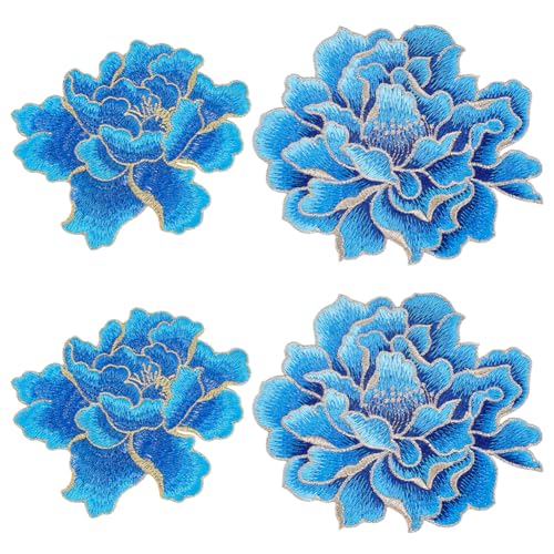 PH PandaHall 4 Stück Blaue Pfingstrose Blumenaufnäher Bestickte Blumenapplikationen 2 Stil Blumenstickerei Aufnäher Zum Aufnähen Für Jeans Jacken Und Kleidung. von PH PandaHall