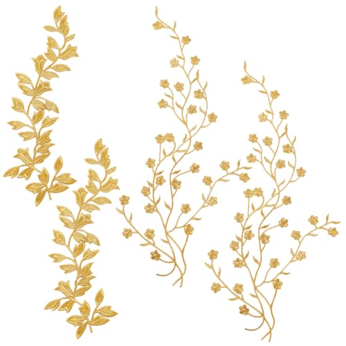 PH PandaHall 4 Stück Stickerei Aufnäher 2 Stile Blumen Und Blatt Patches Stickerei Applikation Dekorative Patches Bestickter Patch Zum Aufnähen Für Reparatur von Kleiderdekorationen, Golden von PH PandaHall