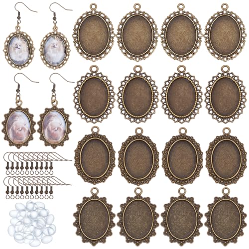 PH PandaHall 40 Stück 4 Stile Ohrring-Anhänger-Tablett, ovale Ohrring-Cabochon-Einstellungen, 40 Stück Klarglas-Cabochons und 40 Stück Messing-Ohrring-Drahthaken für Frauen, von PH PandaHall