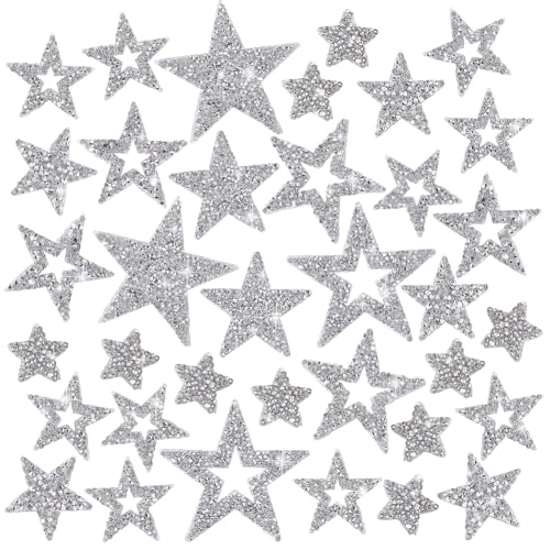 PH PandaHall 40 Stück 8 Stile Silber Stern Bügelbilder Strass Patches zum Aufnähen für Kleid Schuhe Kleidung Selbstklebende Hotfix-Flicken für Jeans Mantel Zuhause Party Dekoration 1,9 cm ~ 7,6 cm von PH PandaHall