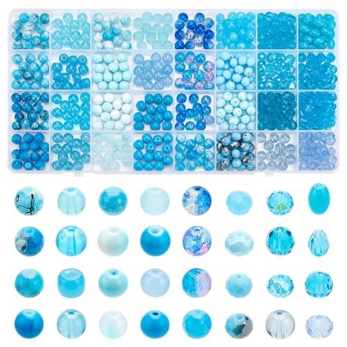 PH PandaHall 416 Stück 8mm Blaue Perlen Für Die Schmuckherstellung 32 Stil Blaue Crackle Glasperlen Rund Bemalt Lose Perlen Für Armbänder Ohrringe Halsketten Schmuckherstellung von PH PandaHall