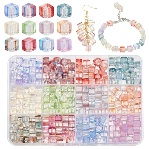 PH PandaHall 420 Stück Würfelglasperlen 12 Farben 6 mm Kristall Abstandsperlen Quadratische Glasperlen Transparente Backfarbe Lose Perlen Für Halskette Armband Schmuckherstellung Bohrung: 1 mm von PH PandaHall