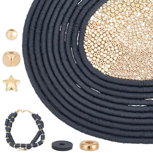 PH PandaHall 4400 Teiliges Heishi Perlen Set 10 Strang Schwarze Tonperlen Mit 4 Stilen Goldener Abstandsperlen Armbandherstellungsset 6mm Flache Runde Tonperlen Für Die Herstellung von Schmuck von PH PandaHall