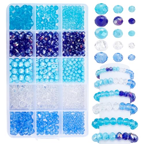 PH PandaHall 475PCS Blaue Kristall-Perlen, 4mm 6mm 8mm Blaues Meer Facettierte Glasperle 5 Farben Galvanik Rondelle Lose Perlen für Hawaii Boho Armbänder, Halsketten, Kunsthandwerk DIY-Schmuck machen von PH PandaHall