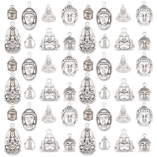 PH PandaHall 48 Stück Buddha Anhänger Im Tibetischen Stil 8 Stile Antikes Silber Buddha Charms Legierung Buddha Charms Für Halskette Armband Ohrringe Schmuckherstellung Schlüsselanhänger Windklima von PH PandaHall