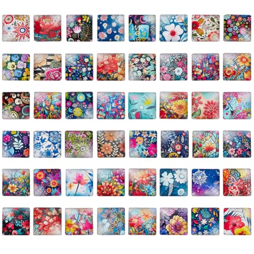 PH PandaHall 48 Styles Blume Glas Cabochons 25mm Quadratische Mosaik Cabochons Blumenmuster Cabochons Vintage Mosaik Kacheln für DIY Kunsthandwerk Schmuck machen Halskette von PH PandaHall