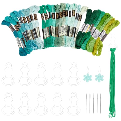 PH PandaHall 49 Stück Nähgarn-Set Grünes Stickgarn Stickerei Skein Threads Stickgarn Tropfen mit Nadeln und Nadel-Geräte Stickerei Kit für Armbänder DIY-Stickgarn-Handwerk von PH PandaHall