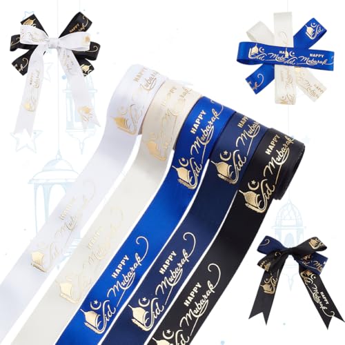 PH PandaHall 5 Rollen Happy Eid Mubarak Bänder, 25mm Ramadan Dekoration Blau Weiß Schwarz Grosgrain Band Geschenkpapier Bänder für Ramadan Party Supplies Kranz Kunsthandwerk Schleifen machen, 22.8m von PH PandaHall