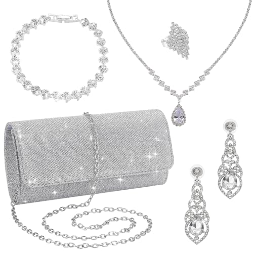 PH PandaHall 5 Teiliges Silber Schmuckset Für Damen Strass Clutch Geldbörse Halskette Armband Ring Ohrringe Abschlussball Schmuckset Für Frauen Hochzeit Brautschmuck von PH PandaHall