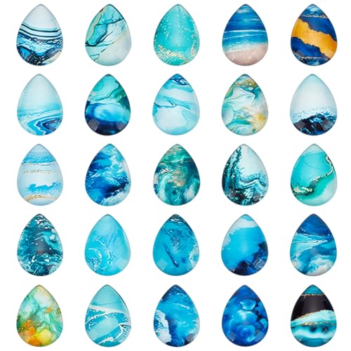 PH PandaHall 50pcs 25 Styles Ozean Thema Teardrop Glas Cabochons, Marine Thema Wassertropfen Glas Cabochons Mosaik Kacheln für Frühling Sommer Seaside Anhänger Ohrring Schmuck machen, 25×18mm von PH PandaHall