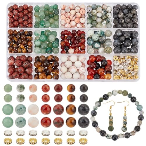 PH PandaHall 520 Teiliges Steinperlen Set 14 Stile Natürliche Edelsteinperlen Marmor Lose Perlen Runde Glatte Perlen Mit Strass Abstandsperlen Für Selbstgemachte Armbänder Halsketten Ohrringe von PH PandaHall