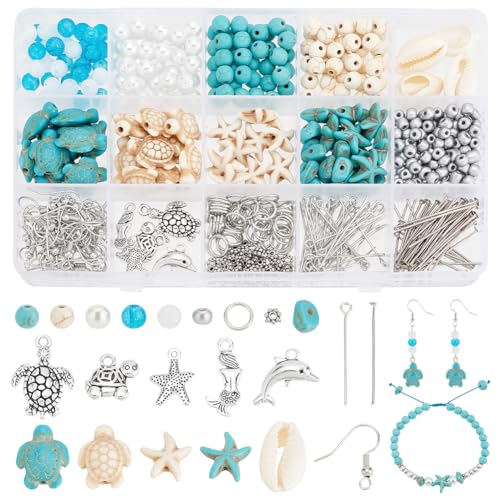 PH PandaHall 575pcs Türkis Schildkröte Perlen Ozean Perlen Charms Schmuck machen Kit Seestern Muschel Perlen Schildkröte Meerjungfrau Anhänger für Strand Halskette Armband Fußkettchen machen von PH PandaHall