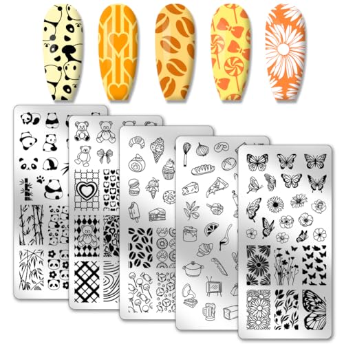 PH PandaHall 5pcs Chinese Style Nail Stamping Plates, Panda Asian Motifs Nail Stamper Food Desert Butterfly Nail Art Stencils Stainless Steel Nail Image Platesfür Nail Art Design Maniküre Salon von PH PandaHall