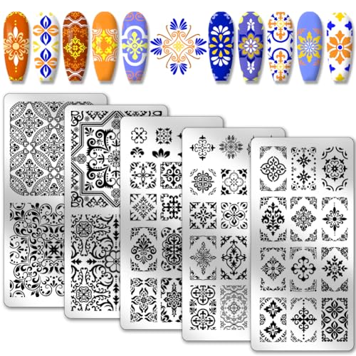 PH PandaHall 5pcs Mosaik Kachel Muster Nail Art Schablonen, Kaleidoskop-Stempelplatte 52 Patterns Plant Flower Nail Art Stencils Edelstahl-Platten für Nageldesign Druck Maniküre Salon von PH PandaHall