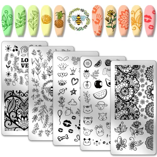 PH PandaHall 5pcs Nail Art Schablonen, Mix Design Nagel Stamping Platte Flower Leaf Fruit Animals Nail Art Stencils Edelstahl Nagelbildschablonen für Urlaub Nageldesign Druck Maniküre Salon von PH PandaHall