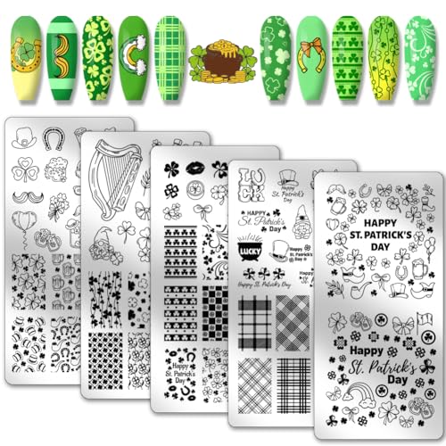 PH PandaHall 5pcs Shamrock Nail Art Schablonen, Klee Blume Blatt Nagel Stamping Platte Saint Patrick Nail Art Stencils Edelstahl Nagel Bild Platten für Urlaub Nageldesign Druck Maniküre Salon von PH PandaHall