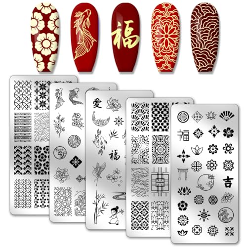 PH PandaHall 5pcs Traditionelle chinesische Stil Nagel Stamping Plates, Lucky Words Panda Flower Nail Stamper Texture Nail Art Stencils Edelstahl Nagelbildplatten für Nail Art Design Maniküre Salon von PH PandaHall