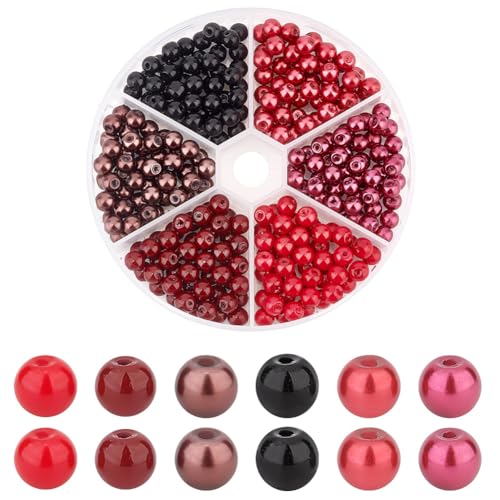 PH PandaHall 6 Farben Schwarz Rot Serie Glasperlen 6mm Kleine Satinierte Glänzende Perlen Rund Bemaltes Armband Perlen Set Für Die Schmuckherstellung DIY Handwerk 300 Stück von PH PandaHall