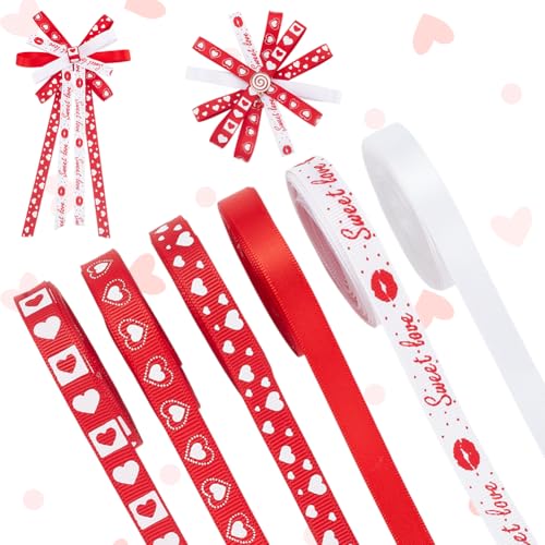 PH PandaHall 6 Styles Valentinstag Farbband Herz Handwerk Farbband Süße Liebe Farbband 10mm breites rotes Dekoband für Geschenkverpackungen Weihnachten Hochzeit Romantik Home Decor 27m von PH PandaHall