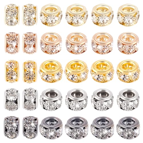 PH PandaHall 60 Stück 5 Farben Messing Abstandshalter Perlen Strass Europäische Abstandshalter Perlen Großes Loch Rondelle Perlen Lose Perlen für DIY Schlangenketten Armband Halskette Ohrringe von PH PandaHall