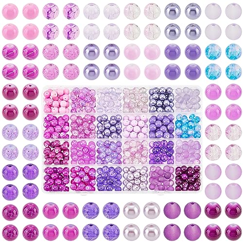 PH PandaHall 600 Stück lila Glasperlen, 8 mm, 24 Stile, transparente bemalte Perlen, runde Abstandshalter, lose Perlen, Bastelperlen für Freundschaftsarmbänder, Halsketten, Ohrringe, von PH PandaHall