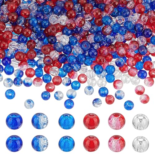 PH PandaHall 600pcs 4mm Glasperlen für Armband, 6 Styles Rot Weiß Blau Kristall Perlen Kleine Crackle lose Perlen Patriotische Perlen für Independence Day Perlen Baseball Halskette Schmuck machen von PH PandaHall