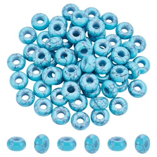 PH PandaHall 60pcs 12mm Türkis Perlen Edelstein-Perlen Großes Loch Abstandshalter Perlen Rondelle Europäische Perlen Synthetische Türkis Perlen für Sommer-Armband Halskette Ohrringe, Loch: 5mm von PH PandaHall