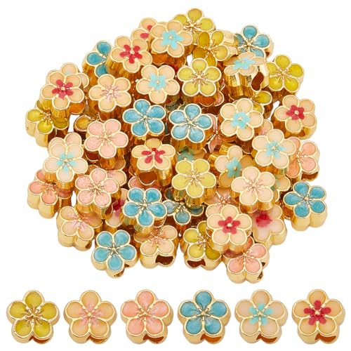 PH PandaHall 60pcs Blume Emaille Perlen 6 Farben Emaille Europäische Perlen Goldene Metallperle mit großem Loch 5 Blütenblätter Blumenperlen für Schmuckherstellung, 10x11x7.5mm von PH PandaHall