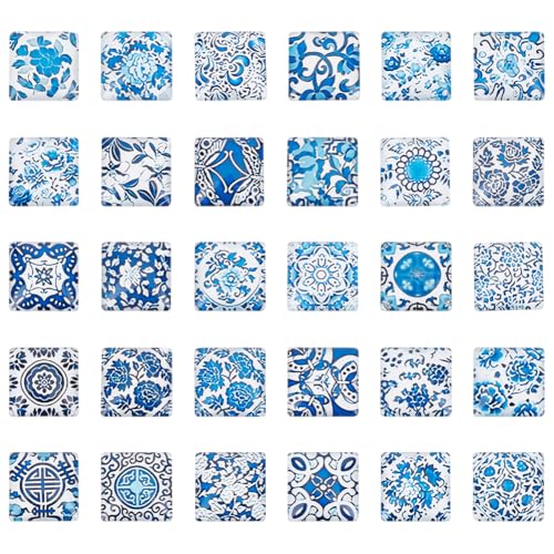 PH PandaHall 60pcs Glas Cabochons 30 Styles 25mm Mosaik gedruckt Cabochons Quadratische Glas Cabochons Flatback Kuppel Cabochons Blumen-Mosaik-Kacheln für Foto Cameo Anhänger Schmuck machen DIY Crafts von PH PandaHall