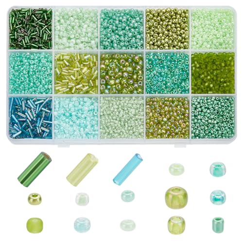 PH PandaHall 6178 Stücke 15 Farben Grüne Serie Glasperlen 5021 Stücke 2~4mm Glaskugel Perlen 1157 Stücke 4~6x2mm Röhrenperlen Set lose Spacer Perlen für Armband Halskette von PH PandaHall