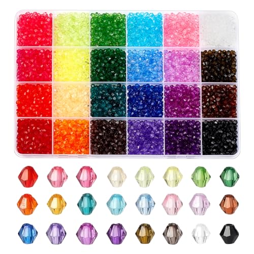 PH PandaHall 6240 Stück Kristallperlen 4mm Doppelkegelperlen Facettierte Acrylperlen 24 Farben Regenbogen Lose Perlen Abstandshalter Für Armbänder Halsketten Schlüsselanhänger Schmuckherstellung von PH PandaHall