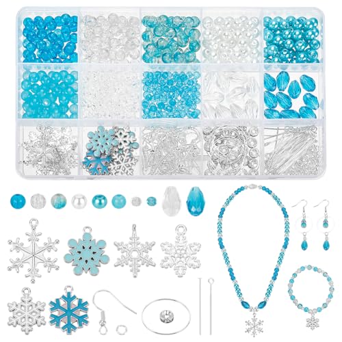 PH PandaHall 642 Teiliges Set Zum Basteln von Ohrringen Mit Schneeflocken Motiv Weihnachtsperlen Set Blaue Glasperlen Für Armbänder Halsketten Ohrringe DIY Basteln Schmuckherstellung von PH PandaHall