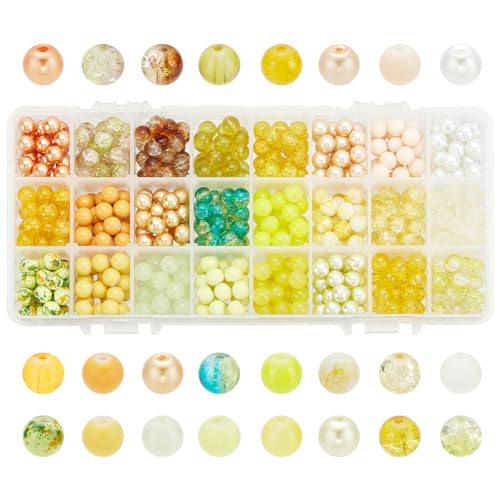 PH PandaHall 648 Stück 8 mm gelbe Glasperlen, 24 Farben, Kristallperlen, Backen, bemalte Craquelé-Glasperlen, Abstandshalter, lose Perlen für Herbst, Schmuckherstellung, Weihnachtsbaumschmuck von PH PandaHall