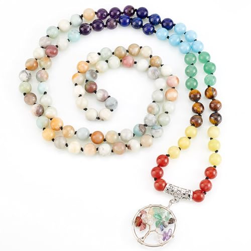 PH PandaHall 7 Chakra 108 Mala Perlen Halskette 8mm Dicke Perlenwickelarmband Halskette Lange Halskette Mit Baum Des Lebensanhänger Anhänger Aus Natursteinen Und Runder Perlenkette von PH PandaHall