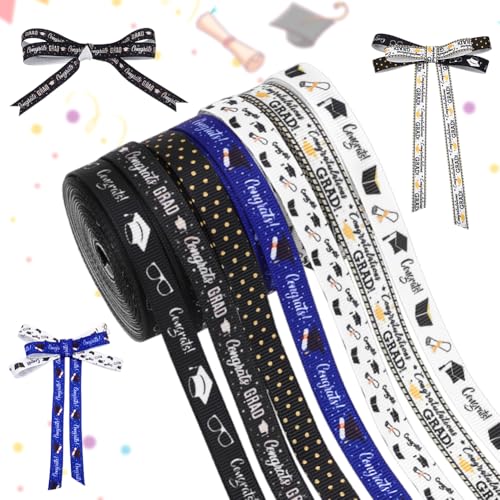 PH PandaHall 7 Stile Graduierungsband für Geschenkverpackungen, 10mm Gratulationen Grad Bänder Weiß Schwarz Blau Polyester Grosgrain Craft Ribbon Graduierung Saison Band für Abschlussfeier Leis, 31.5m von PH PandaHall