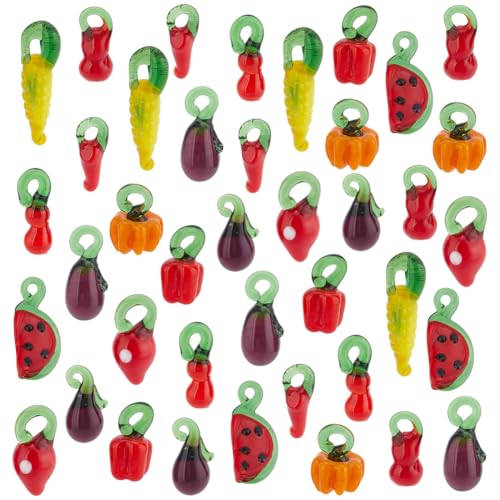 PH PandaHall 70pcs 10 Styles Obst Gemüse Lampwork Glasperlen, Paprika Aubergine Anhänger 3D Erdbeere Kürbis Lampwork Charms Glas Frucht Perlen für Armband Ohrring Craft Making von PH PandaHall