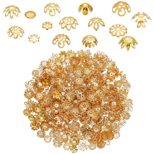 PH PandaHall 750 Stück 15 Stile Perlenkappen Blumen Abstandshalter Endkappen, Goldene Blumenperlenkappen, Abstandsperlen Für Armbänder, Ohrringe, Halsketten, DIY Schmuckherstellung, Bastelbedarf von PH PandaHall