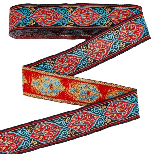 PH PandaHall 7m 3.3cm breites Jacquard-Band Ethnisches gesticktes Band Boho-Band Roter Stoff Trim Vintage Floral gewebt Trim für Nähen Kleidung Kamera Tasche Crafting Hochzeit Home Decor von PH PandaHall